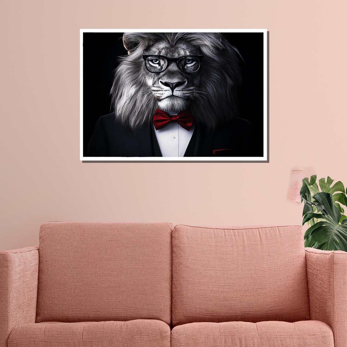 Dapper Lion Portrait Black Suit Red Bow Tie Glasses Regal Animal Wall Art Poster - Image 3