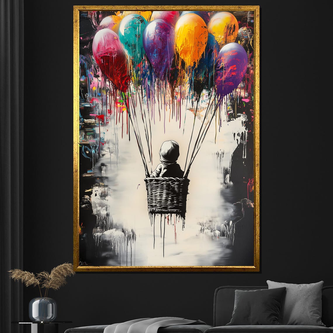 Child Basket Floating Colorful Dripping Balloons Whimsical Art Poster