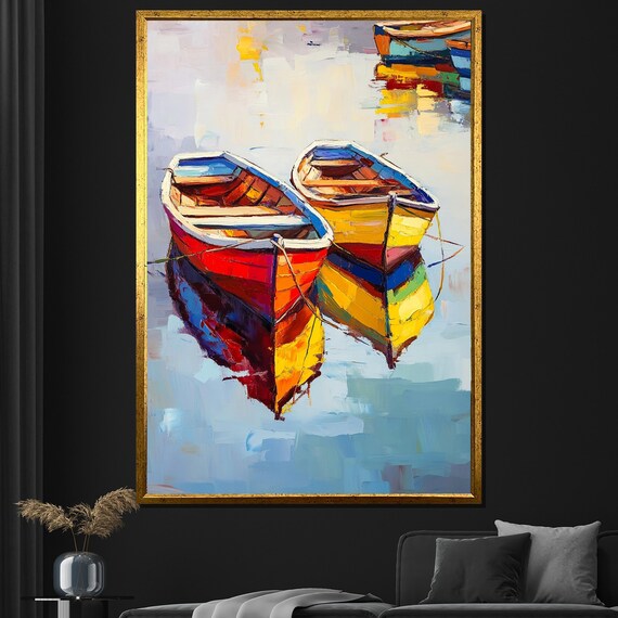 Colorful Rowboats Painting Vibrant Boat Wall Art Nautical Decor For Living Room Or Office Unique Gift For Art Lovers
