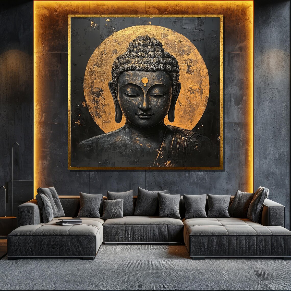 Black Stone Buddha Golden Halo Circle Luxury Zen Meditation Wall Poster