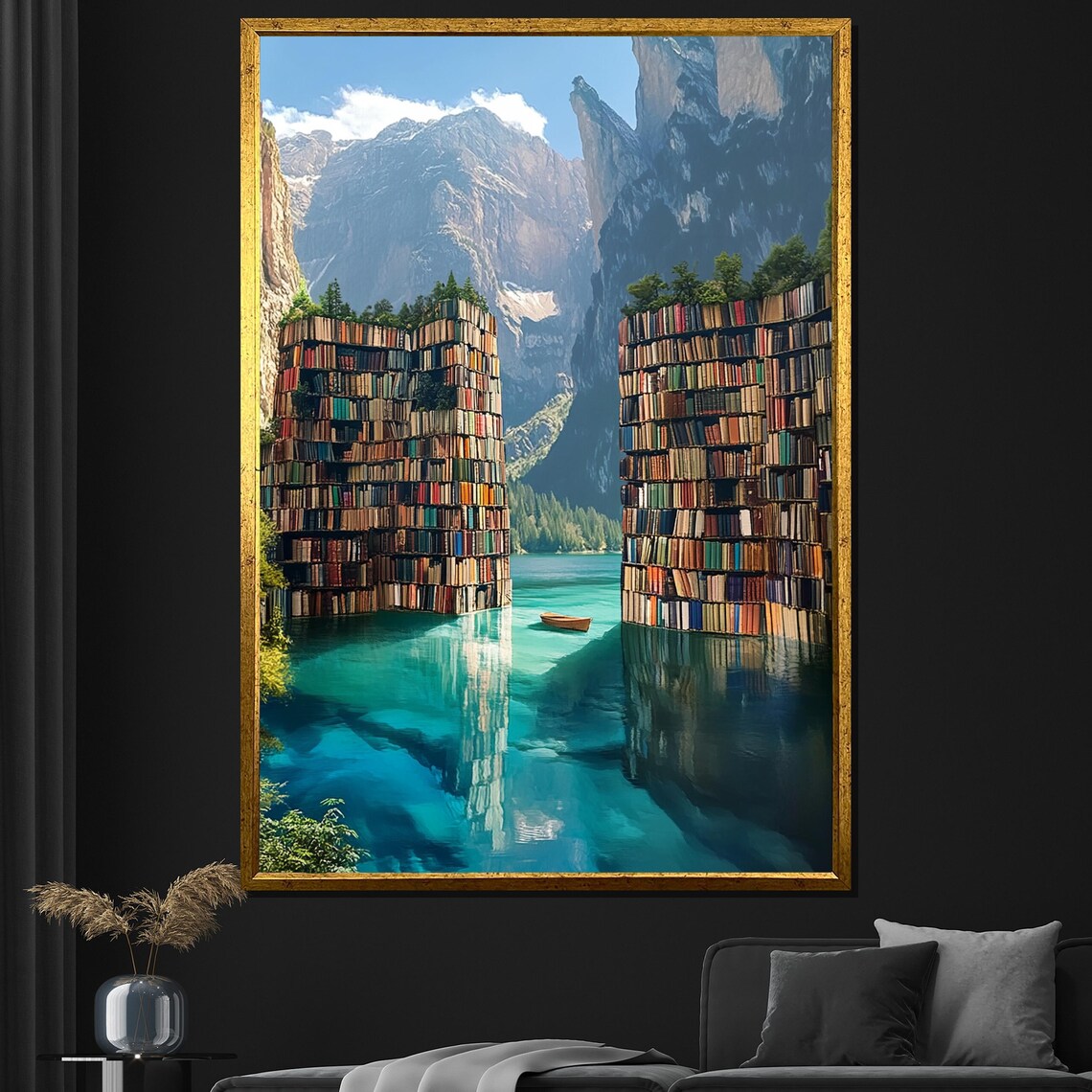 Book Towers As Cliffs Beside A Turquoise Lake Surreal Poster
