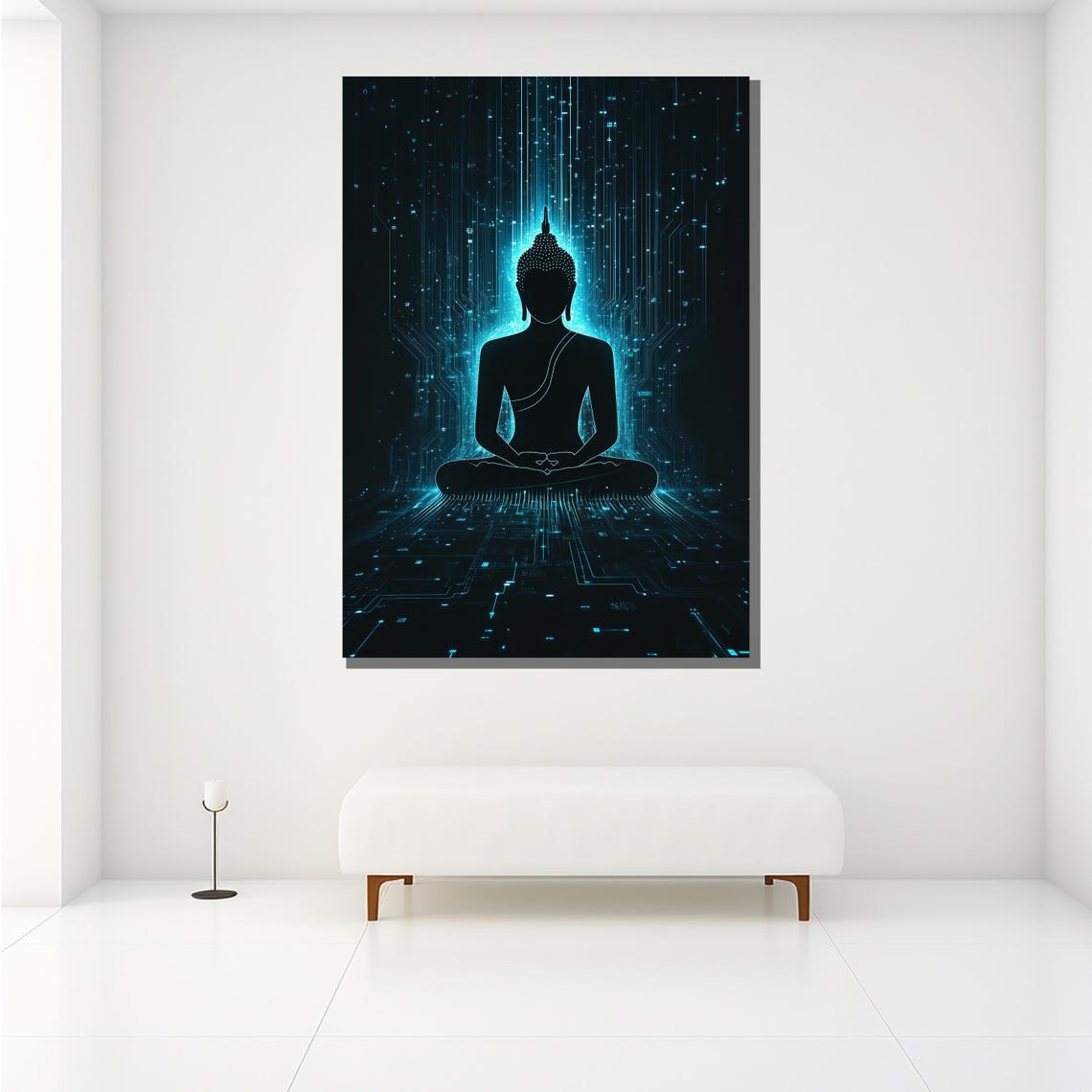 Futuristic Buddha Silhouette Glowing Blue Digital Matrix Art Poster - Image 2