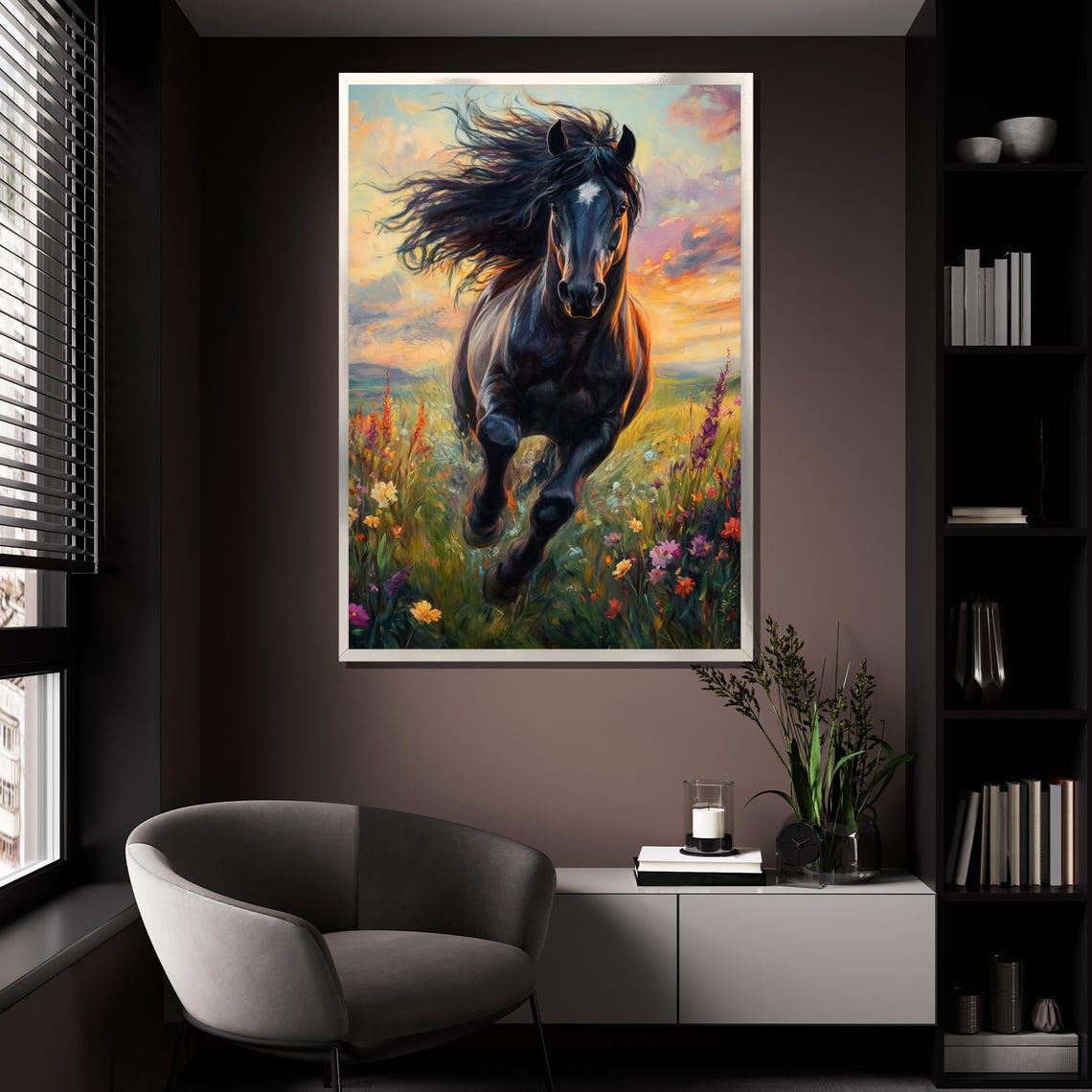 Black Horse Galloping Wildflowers Sunset Dynamic Equine Poster - Image 4