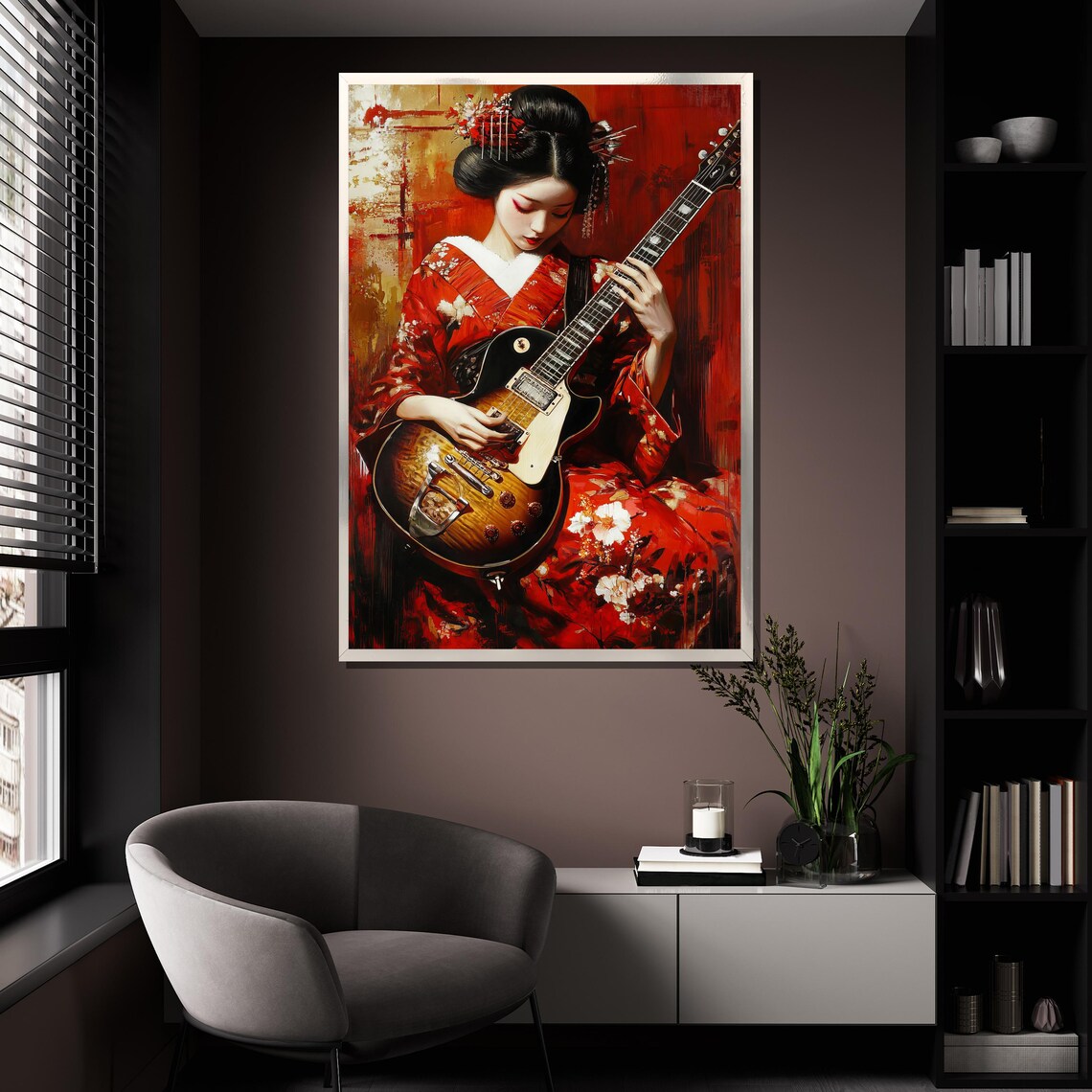 Geisha Playing Electric Guitar In Red Kimono Modern Art Poster - Image 4