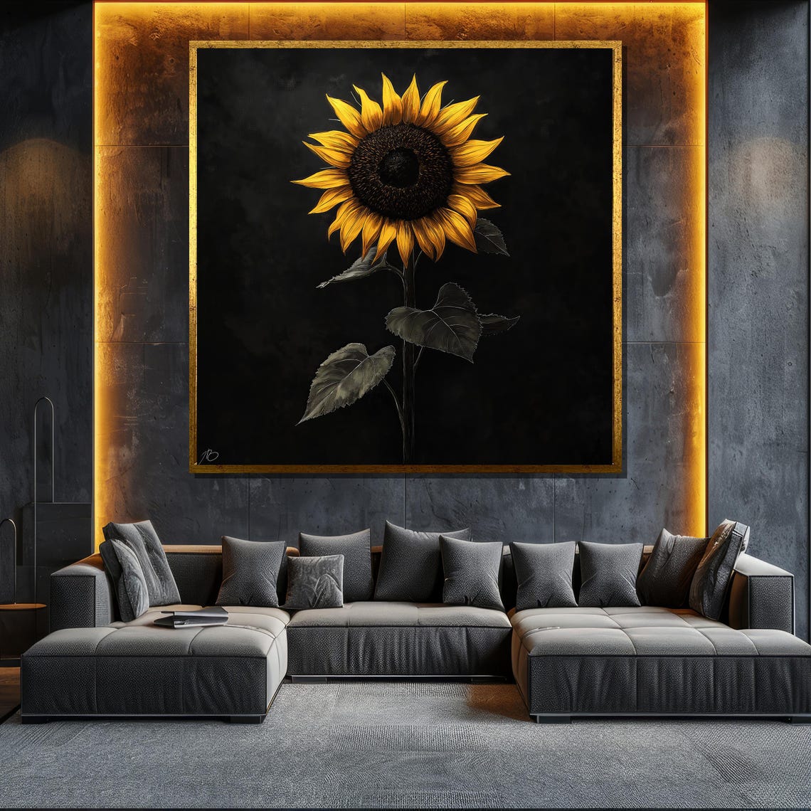 Tall Sunflower On Black Background Dramatic Modern Floral Art Print