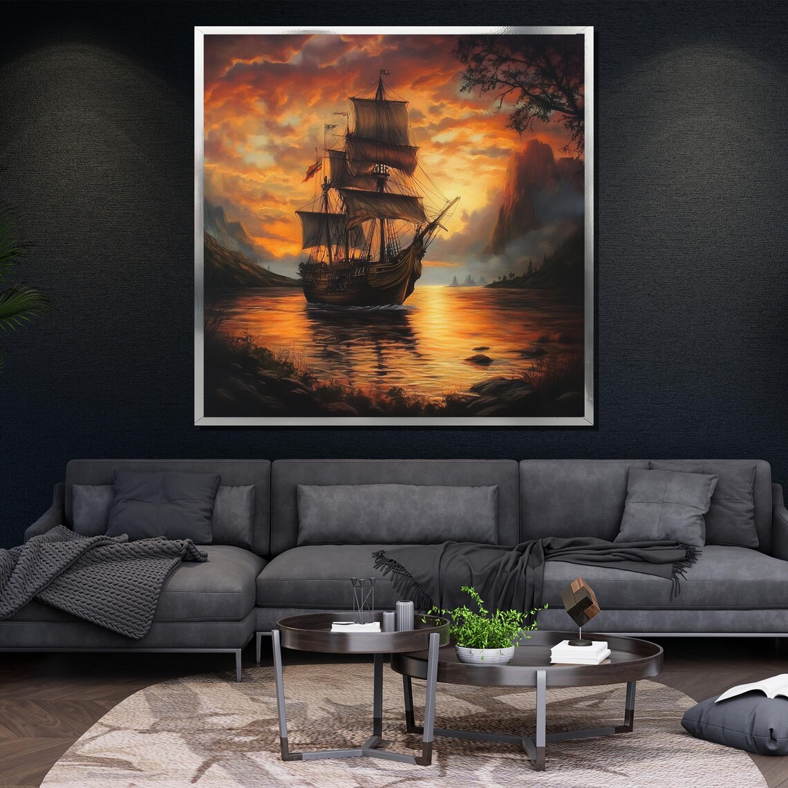 Sunset Ship Painting Large Sailing Boat Wall Art For Living Room Decor Nautical Gift Idea - Image 4