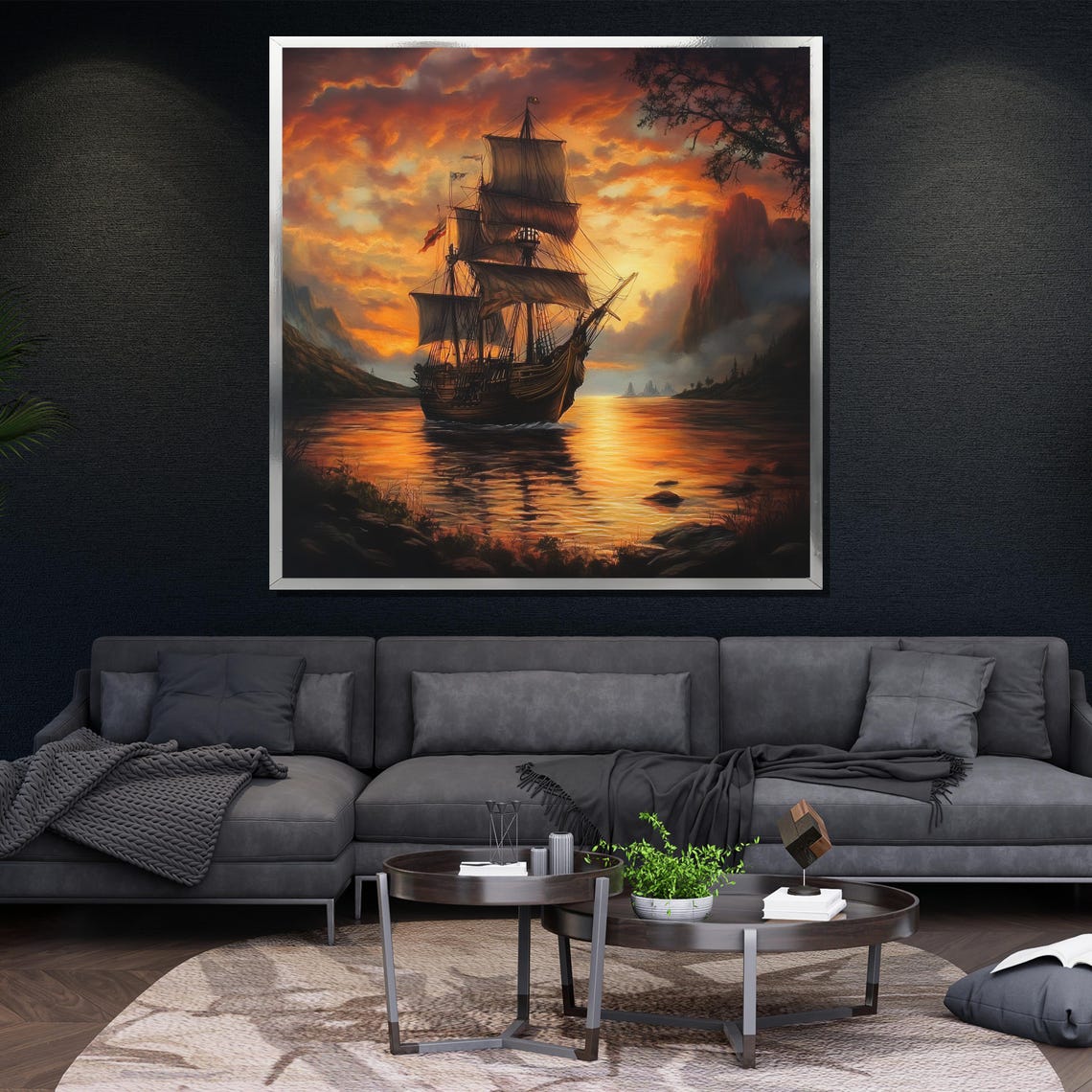 Tall Sailing Ship Fiery Sunset Ocean Dramatic Maritime Painting Poster - Image 4