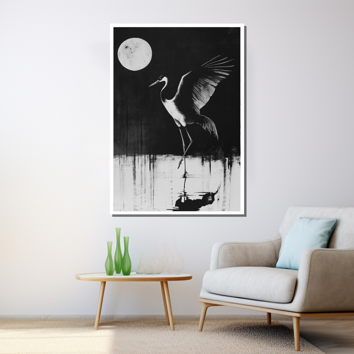 Black White Crane Full Moon Night Minimalist Ink Wildlife Bird Poster - Image 3