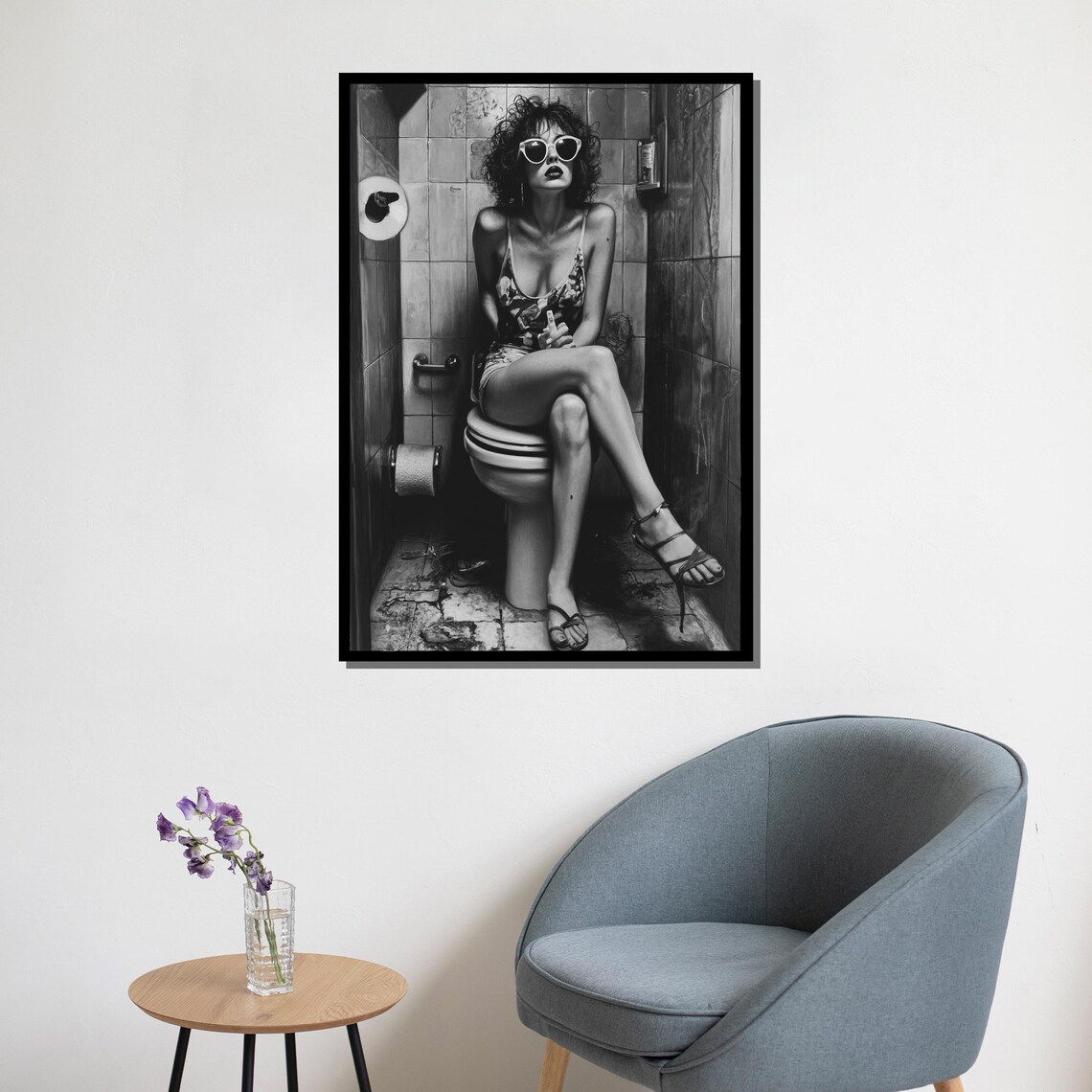 Edgy Woman Sunglasses Black White Bathroom Portrait Bold Art Wall Poster - Image 5