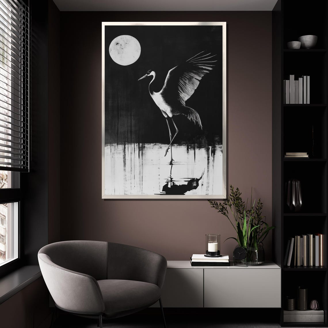Black White Crane Full Moon Night Minimalist Ink Wildlife Bird Poster - Image 4