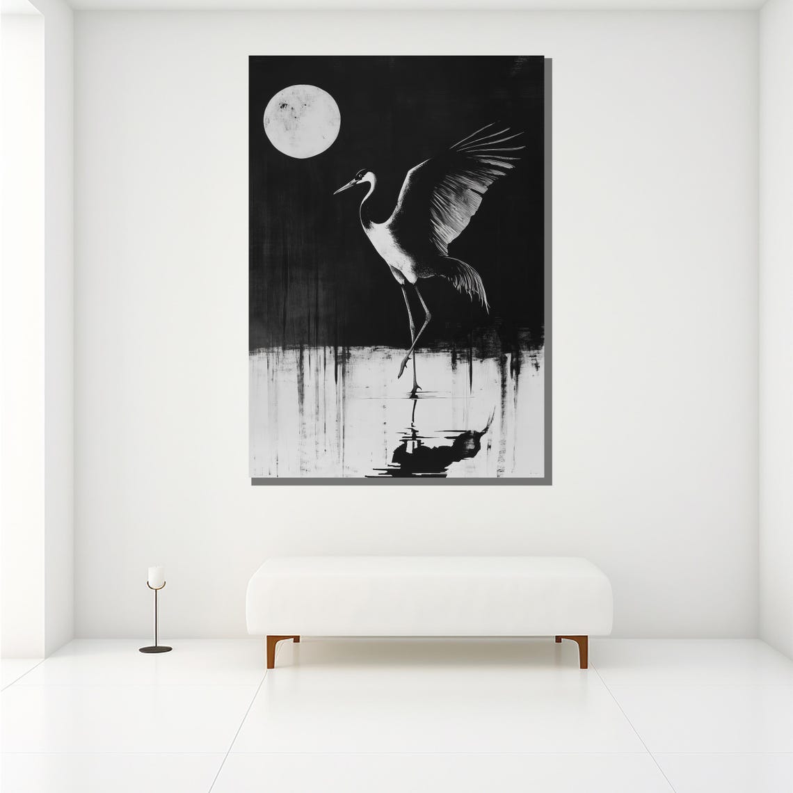 Black White Crane Full Moon Night Minimalist Ink Wildlife Bird Poster - Image 2