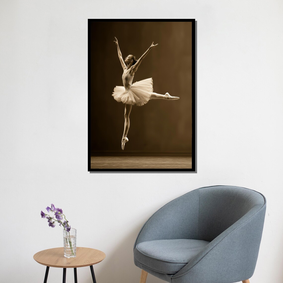 Sepia Tone Ballerina Leaping In White Tutu Dark Background Ballet Poster - Image 5
