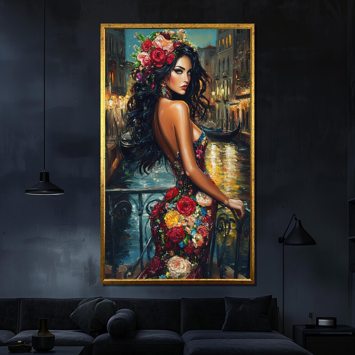 Elegant Woman Floral Dress Flower Crown Venice Canal Night Wall Poster