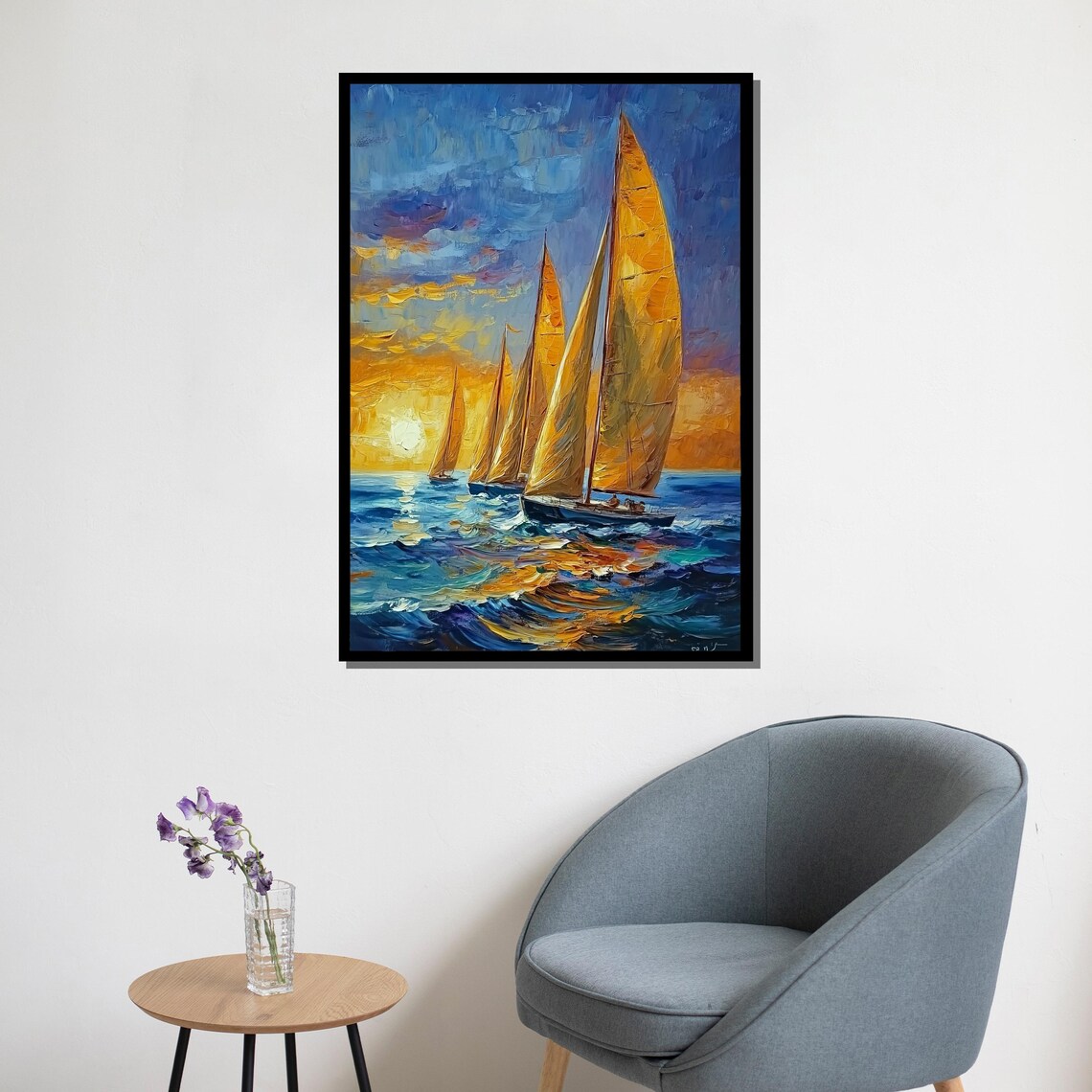 Sailing Boats At Sunset Golden Sails Ocean Oil Painting Art Poster - Image 5