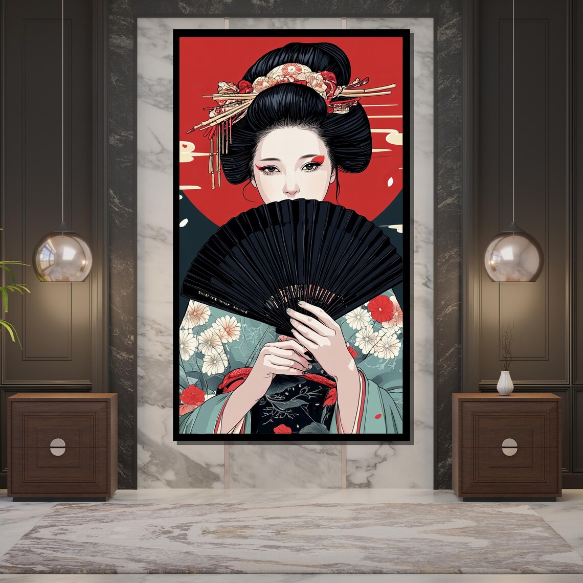 Geisha Holding Black Fan Traditional Japanese Graphic Art Poster - Image 5