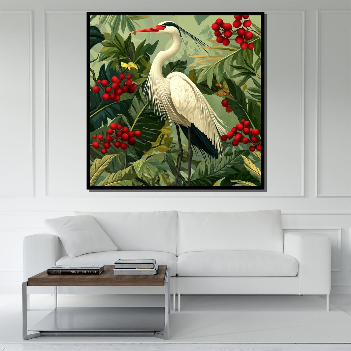 White Heron Red Berries Tropical Green Leaves Elegant Bird Poster - Image 5