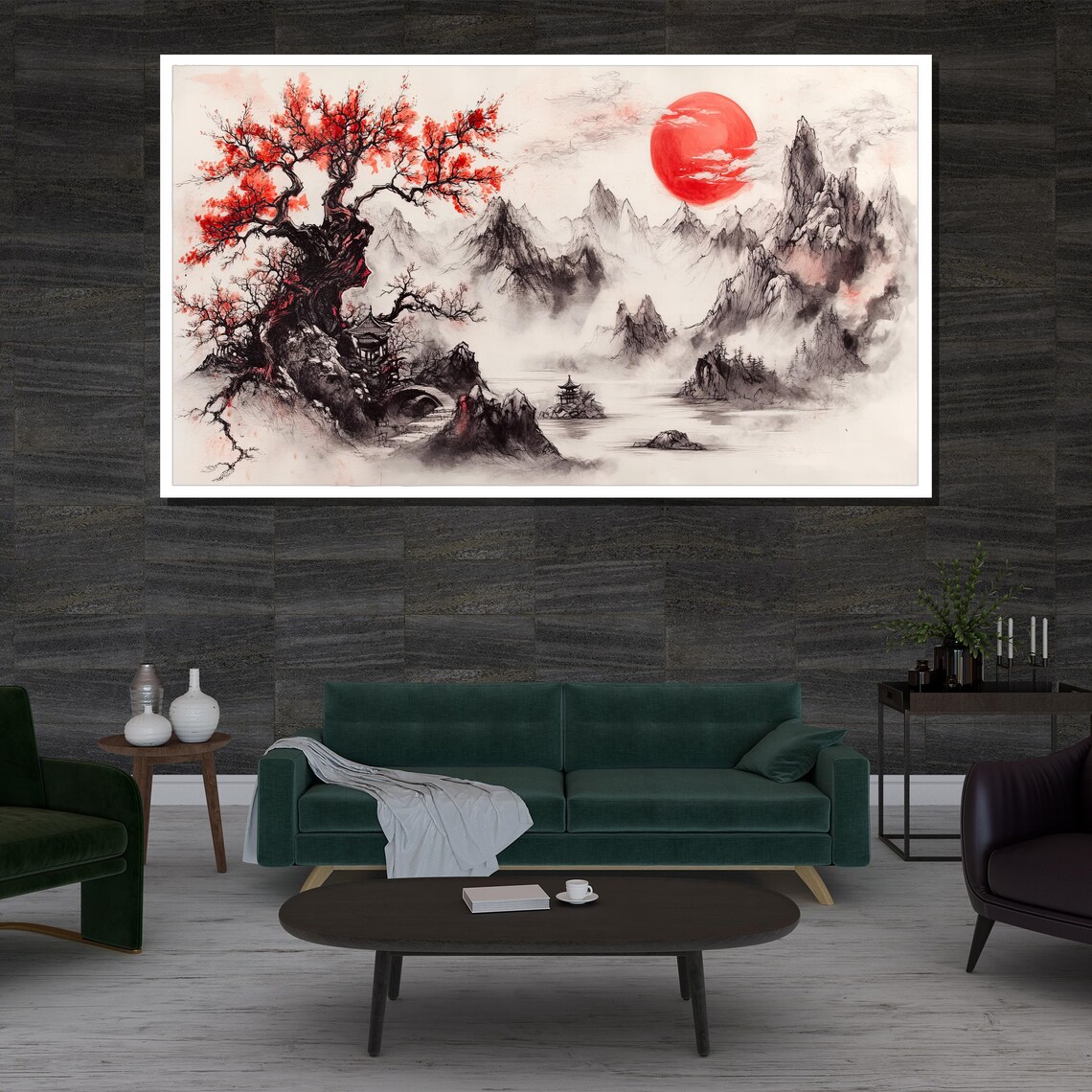 Japanese Ink Landscape Red Sun Misty Mountains Pagoda Art Poster - Image 3