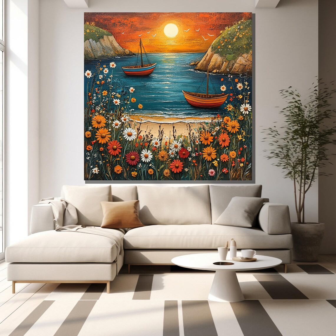 Sunset Cove Wooden Boats Wildflower Meadow Orange Sky Poster - Image 2