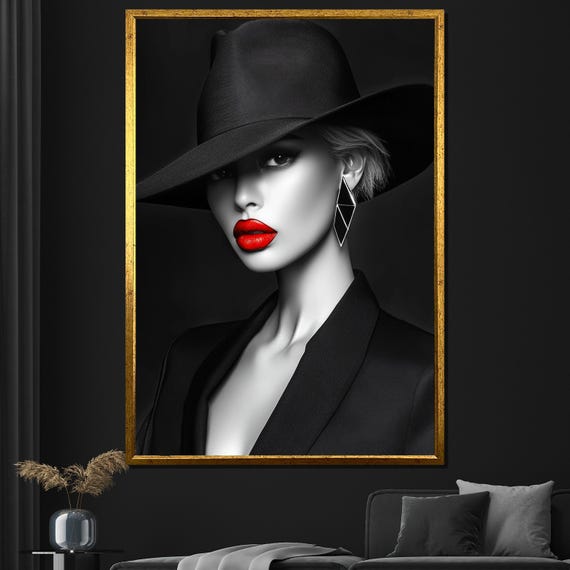 Black Hat Woman Painting Modern Wall Art Bold Red Lips Elegant Wall Decor Large Wall Art Unique Gift For Art Lovers