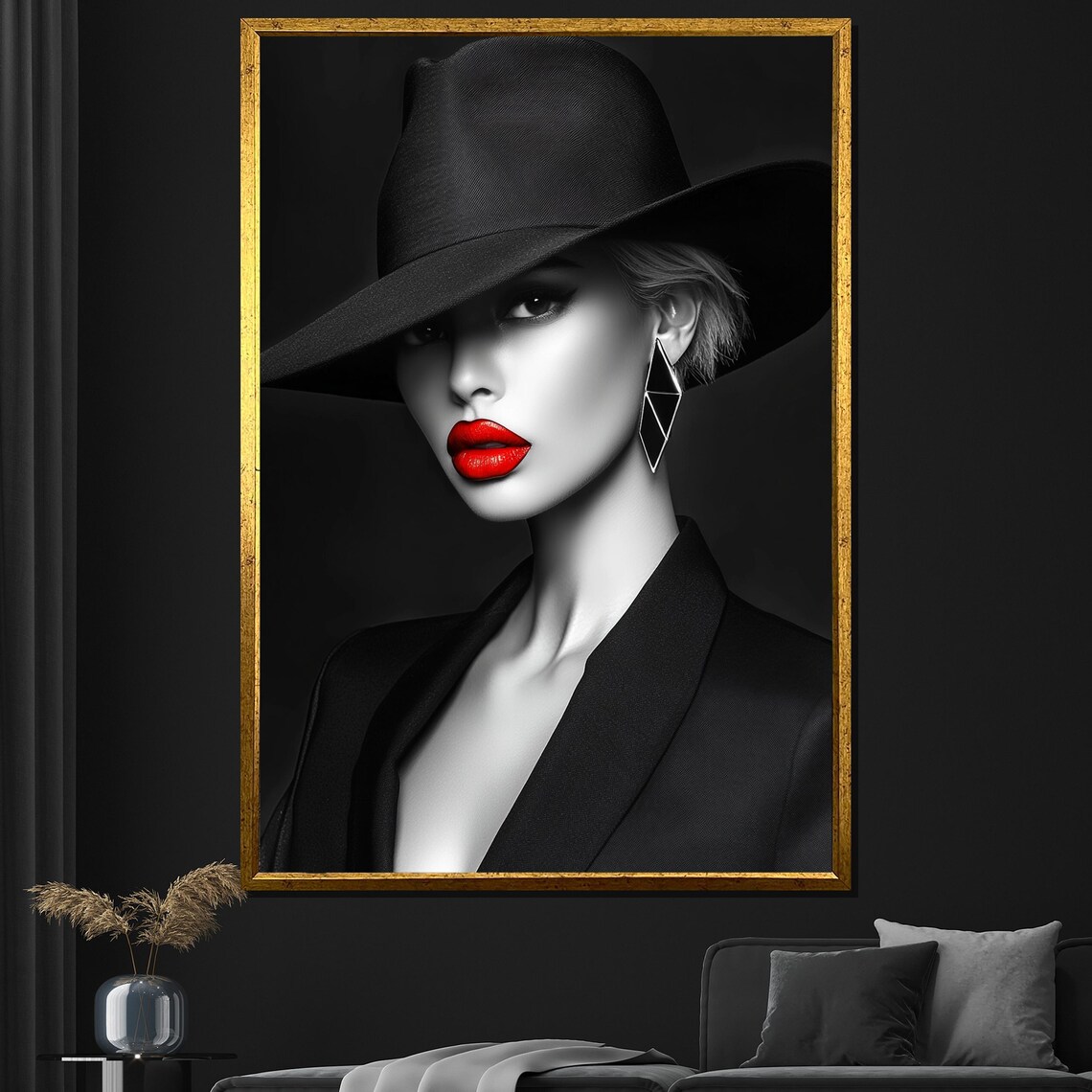 Black Hat Red Lips Woman Bold Monochrome Fashion Portrait Wall Poster