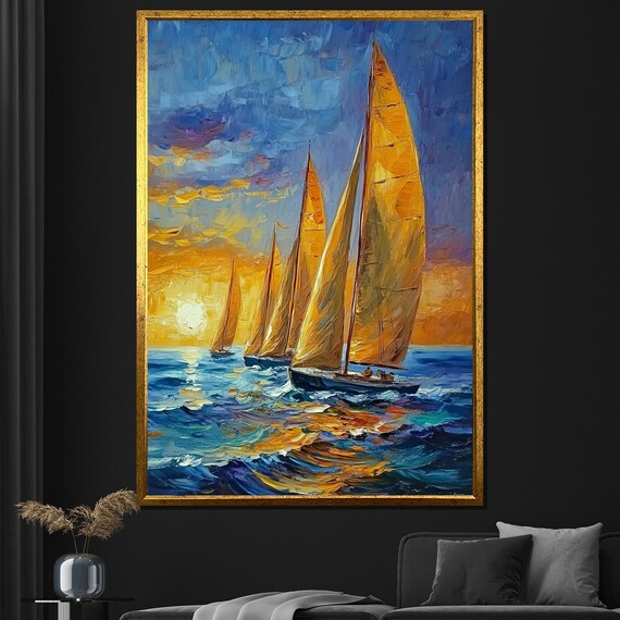 Sailing Boats At Sunset Painting Vibrant Ocean Wall Art For Living Room Decor Nautical Gift For Sailboat Lovers