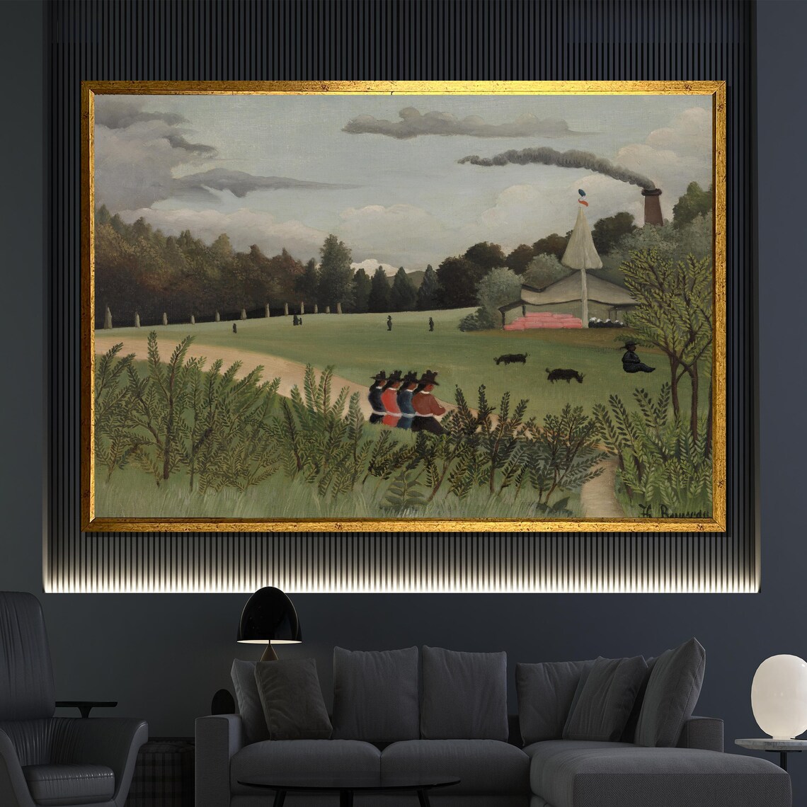 Henri Rousseau The Factory Naive Landscape Crowd Balloon Field Poster