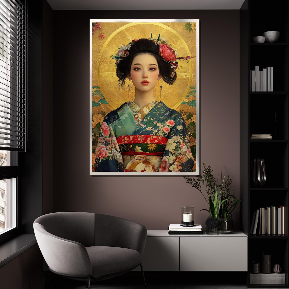 Japanese Kimono Woman Portrait Gold Leaf Floral Background Art Print - Image 4