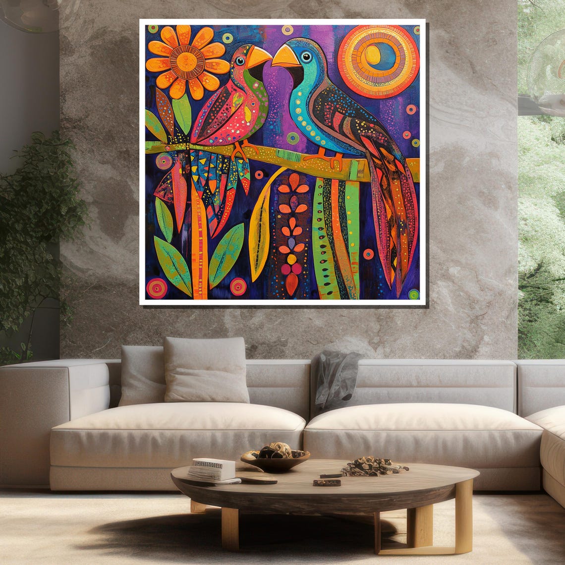 Colorful Parrots Folk Art Vibrant Stylized Pair Birds Wall Art - Image 3