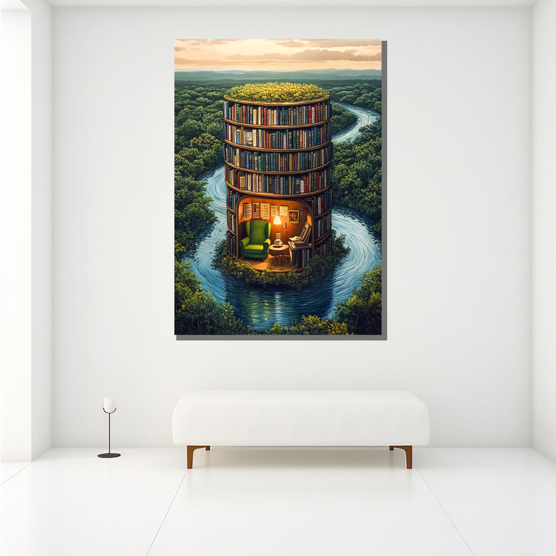 Round Library Tower On A River Island Cozy Reading Nook Poster - Image 2