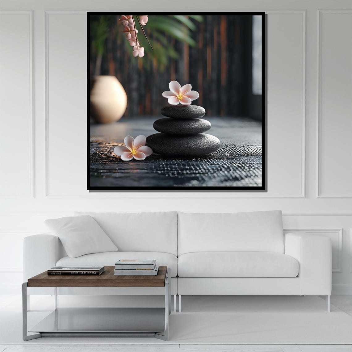 Zen Stone Stack Plumeria Flowers Dark Spa Minimalist Calm Art Poster - Image 5
