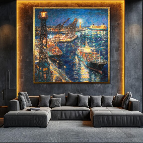 Night Port Painting Harbor Scene Wall Art For Nautical Home Decor And Maritime Lovers Gift