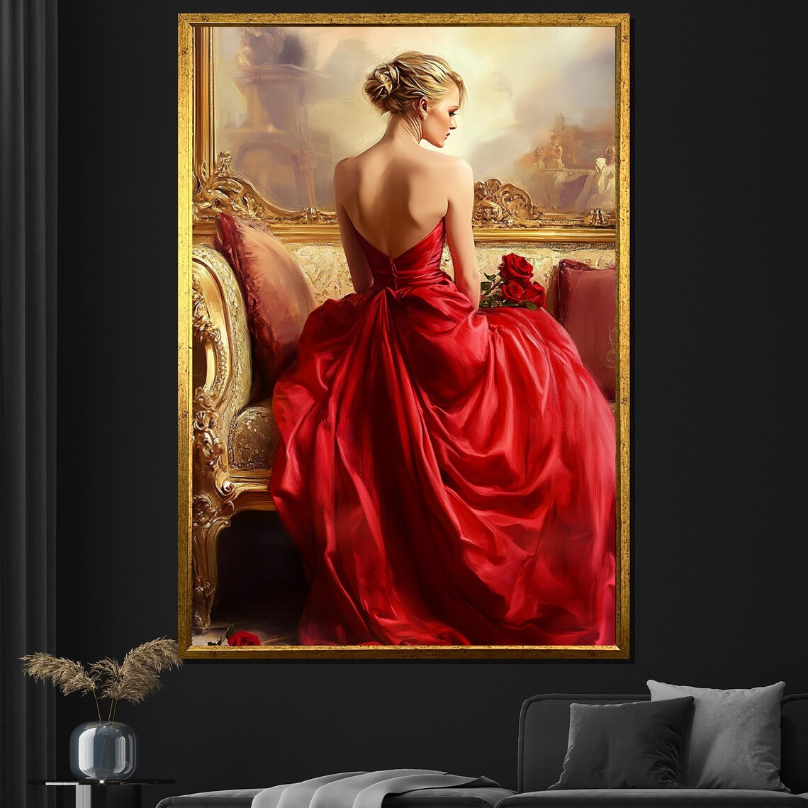 Red Gown Roses Woman Gilded Chair Classic Romantic Oil Painting Poster