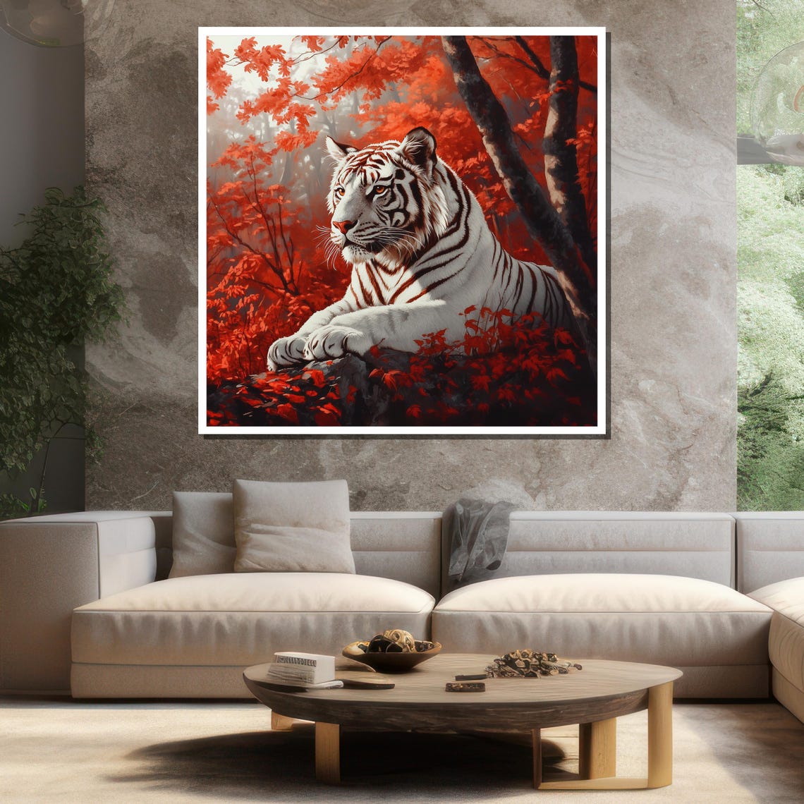 White Tiger Red Forest Majestic Resting Big Cat Wildlife Wall Art - Image 3
