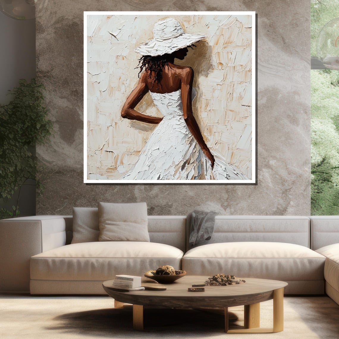 Elegant Woman in White Hat Textured Impasto Abstract Canvas Wall Art - Image 3