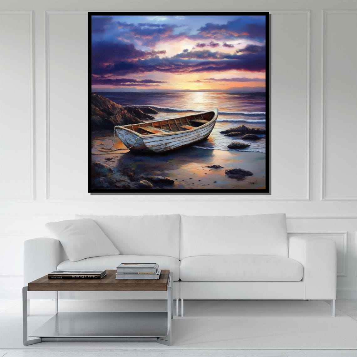 Weathered Rowboat Rocky Shore Purple Sunset Serene Ocean Poster - Image 5