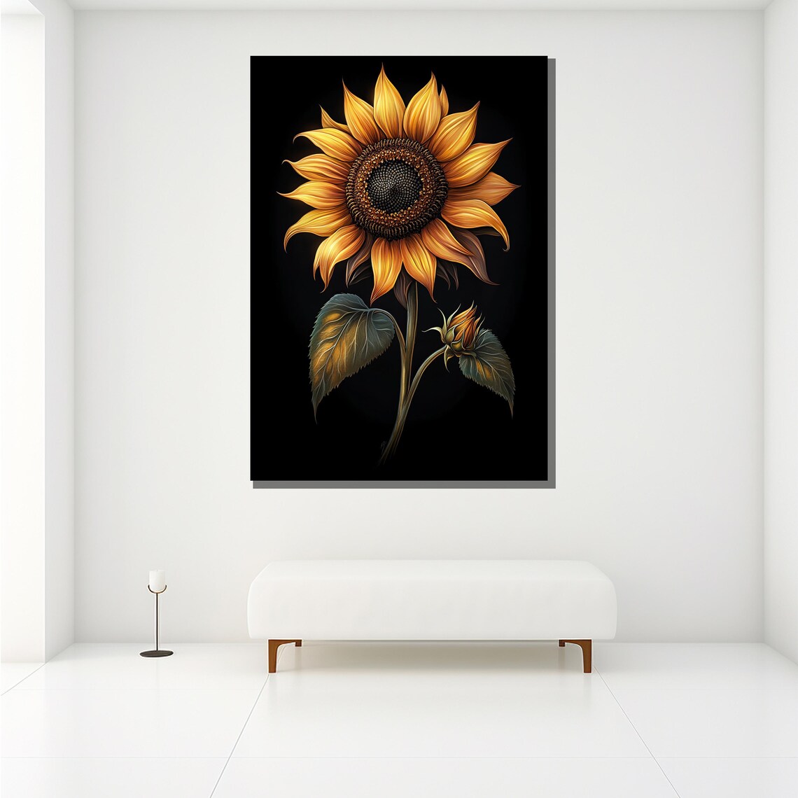 Golden Sunflower With Bud On Black Background Modern Art Poster - Image 2
