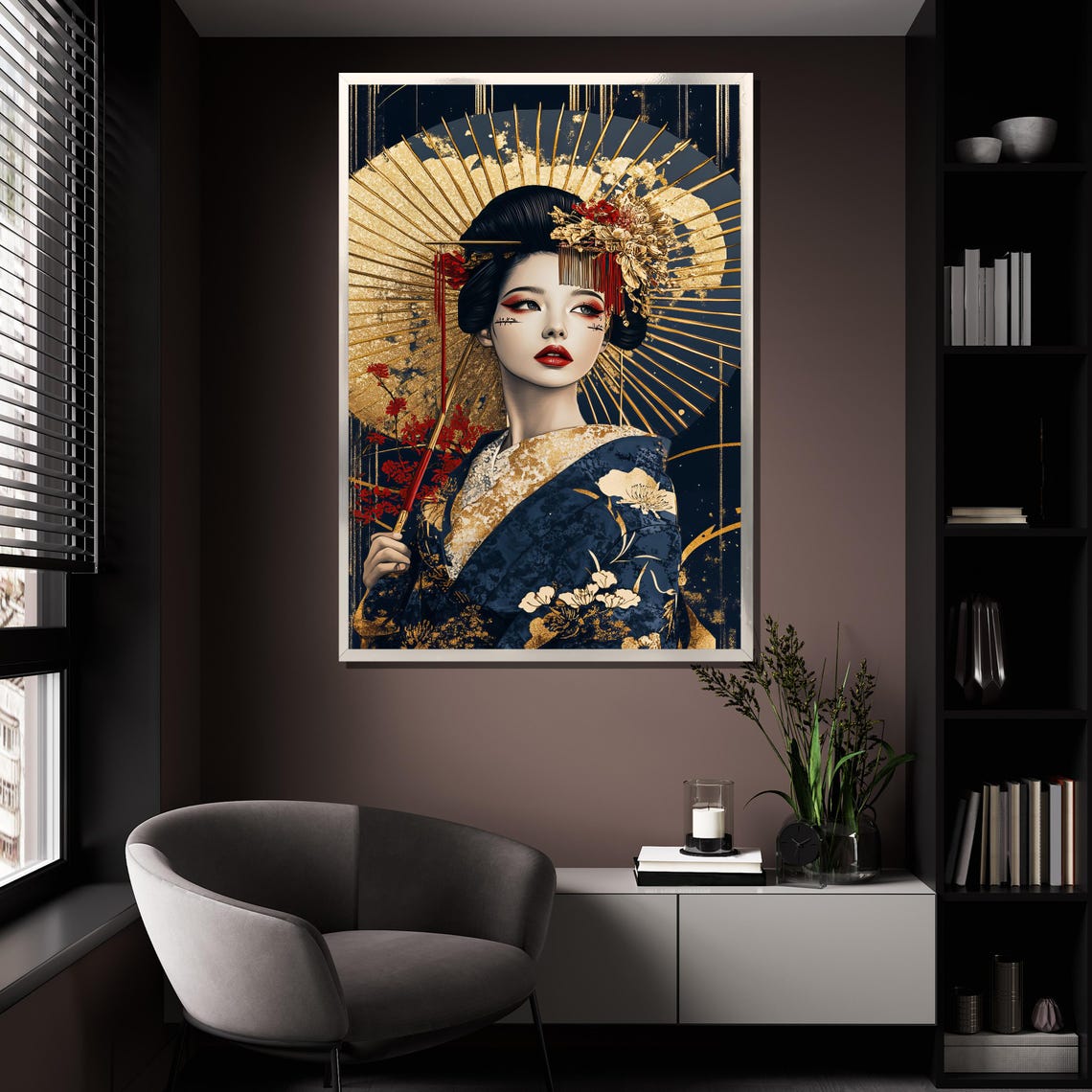 Luxury Geisha Gold Parasol Navy Blue Kimono Japanese Elegant Poster - Image 4