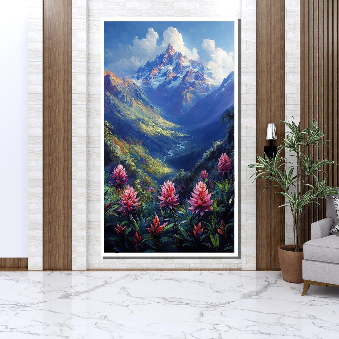 Snowy Mountain Valley Wildflower Meadow Vibrant Nature Painting Poster - Image 3