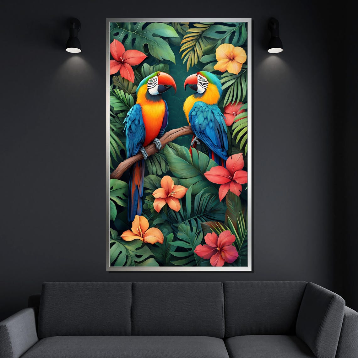 Two Blue Macaws Hibiscus Flowers Tropical Jungle Bird Poster - Image 4