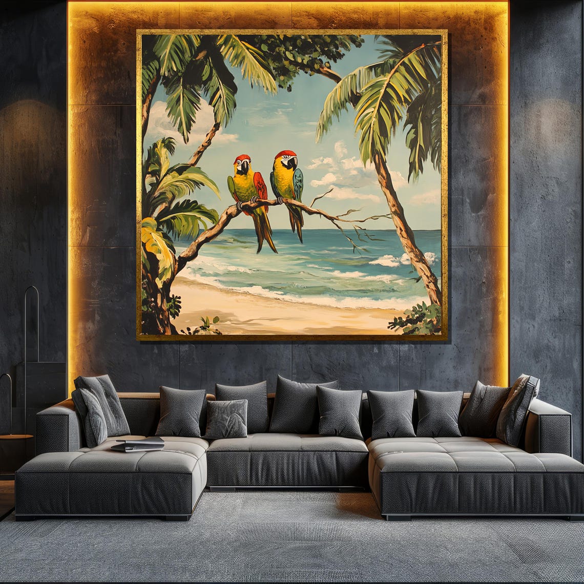 Parrots Beach Palm Trees Tropical Macaw Pair Coastal Wall Art