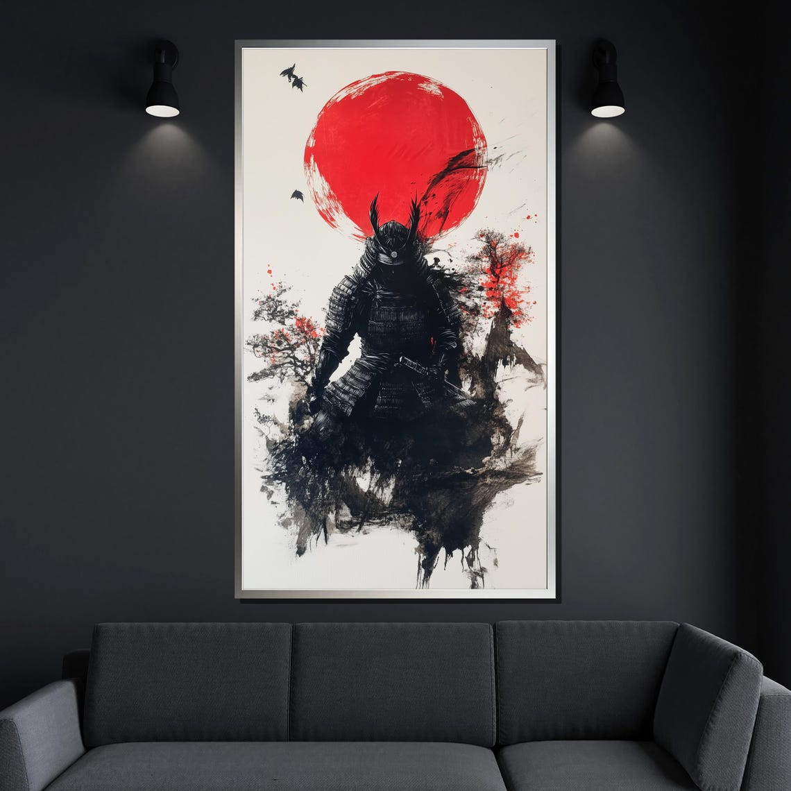 Samurai Warrior Armor Red Sun Japanese Ink Wash Painting Wall Art - Image 4