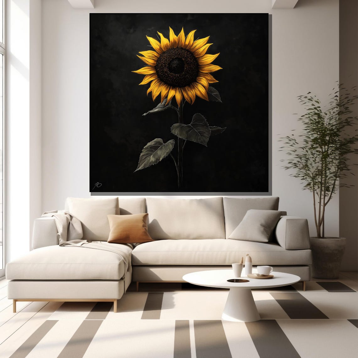 Tall Sunflower On Black Background Dramatic Modern Floral Art Print - Image 2