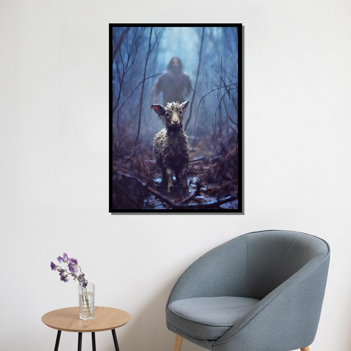 Jesus Finds Lost Lamb Rainy Forest Emotional Christian Art Wall Poster - Image 5