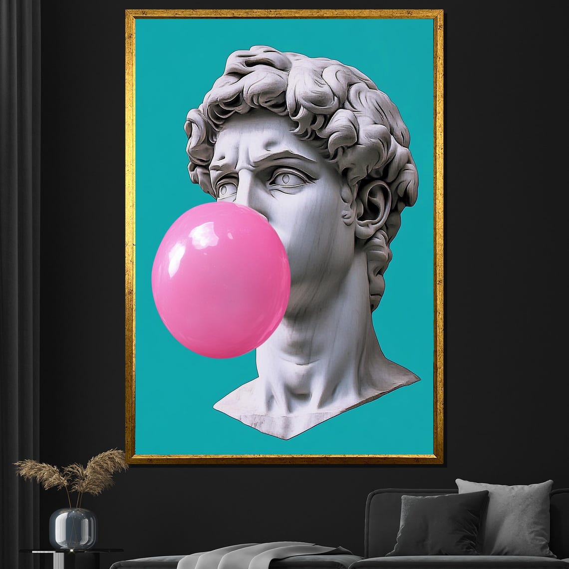 David Statue Pink Bubble Gum Pop Art Turquoise Playful Modern Poster