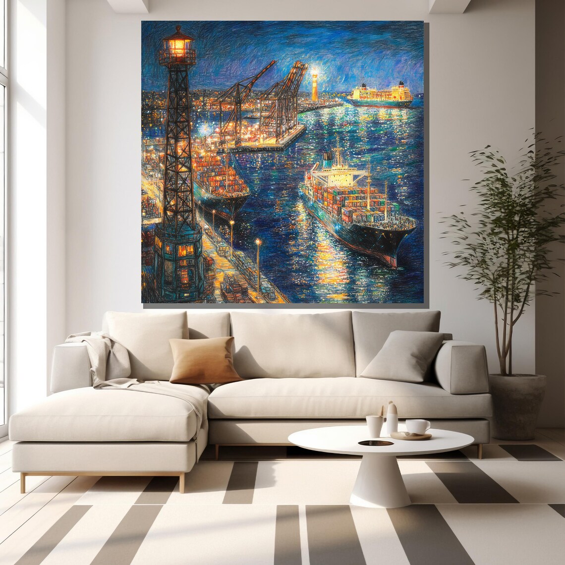 Night Port Painting Harbor Scene Wall Art For Nautical Home Decor And Maritime Lovers Gift - Image 2