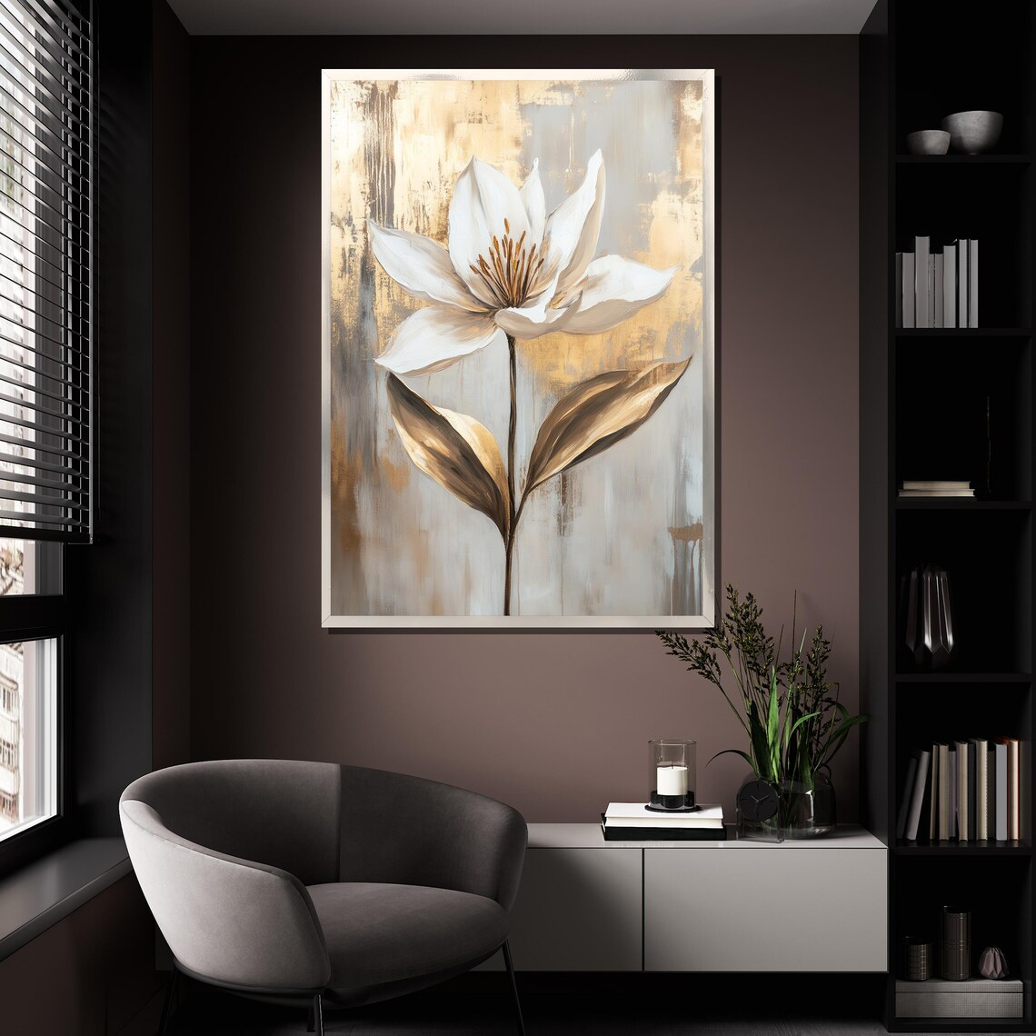 White Magnolia Flower With Bronze Leaves On Textured Gold Art Print - Image 4
