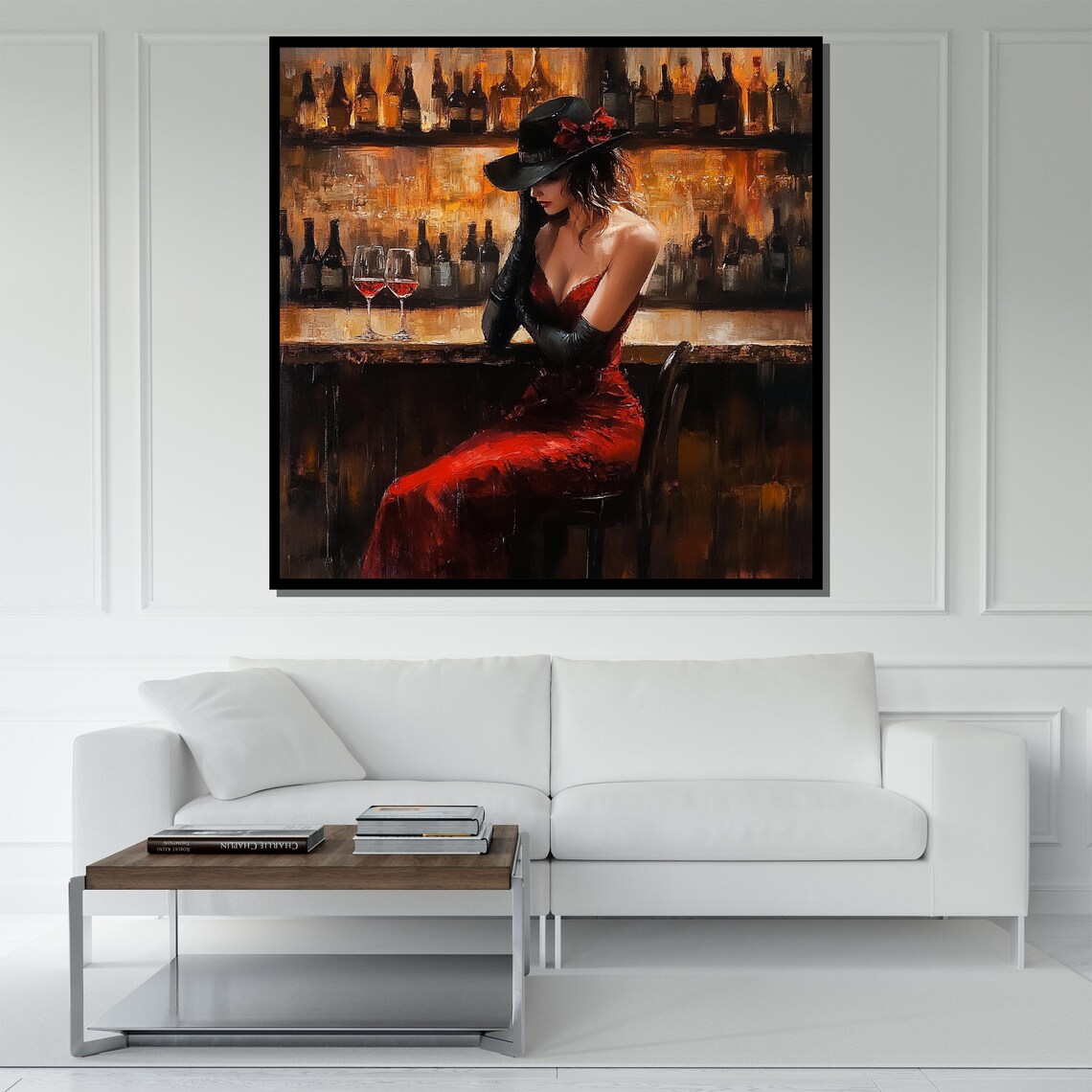 Red Dress Woman Wine Bar Painting Sultry Nightlife Elegant Wall Poster - Image 5