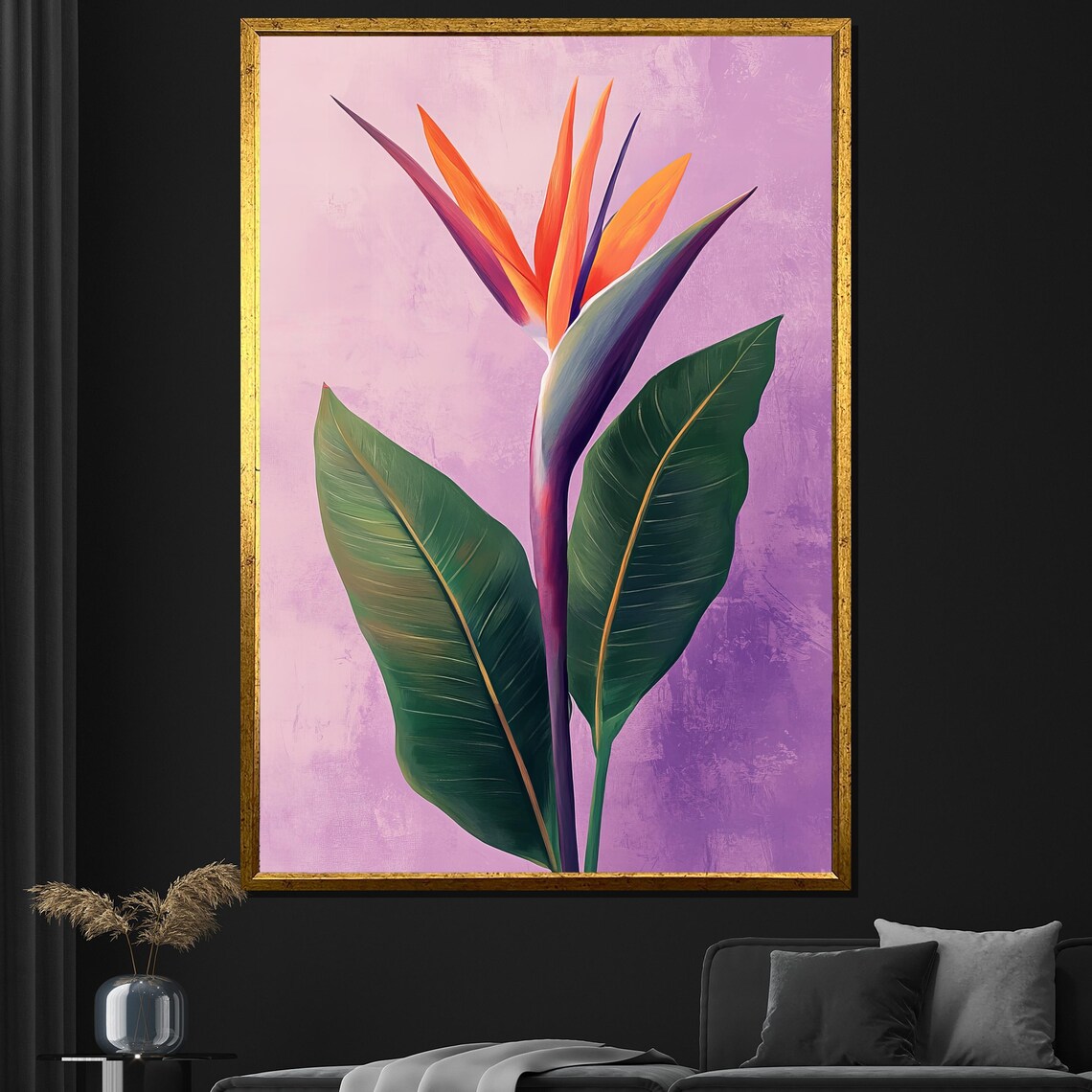 Bird Of Paradise Flower Tropical Painting Purple Background Wall Art