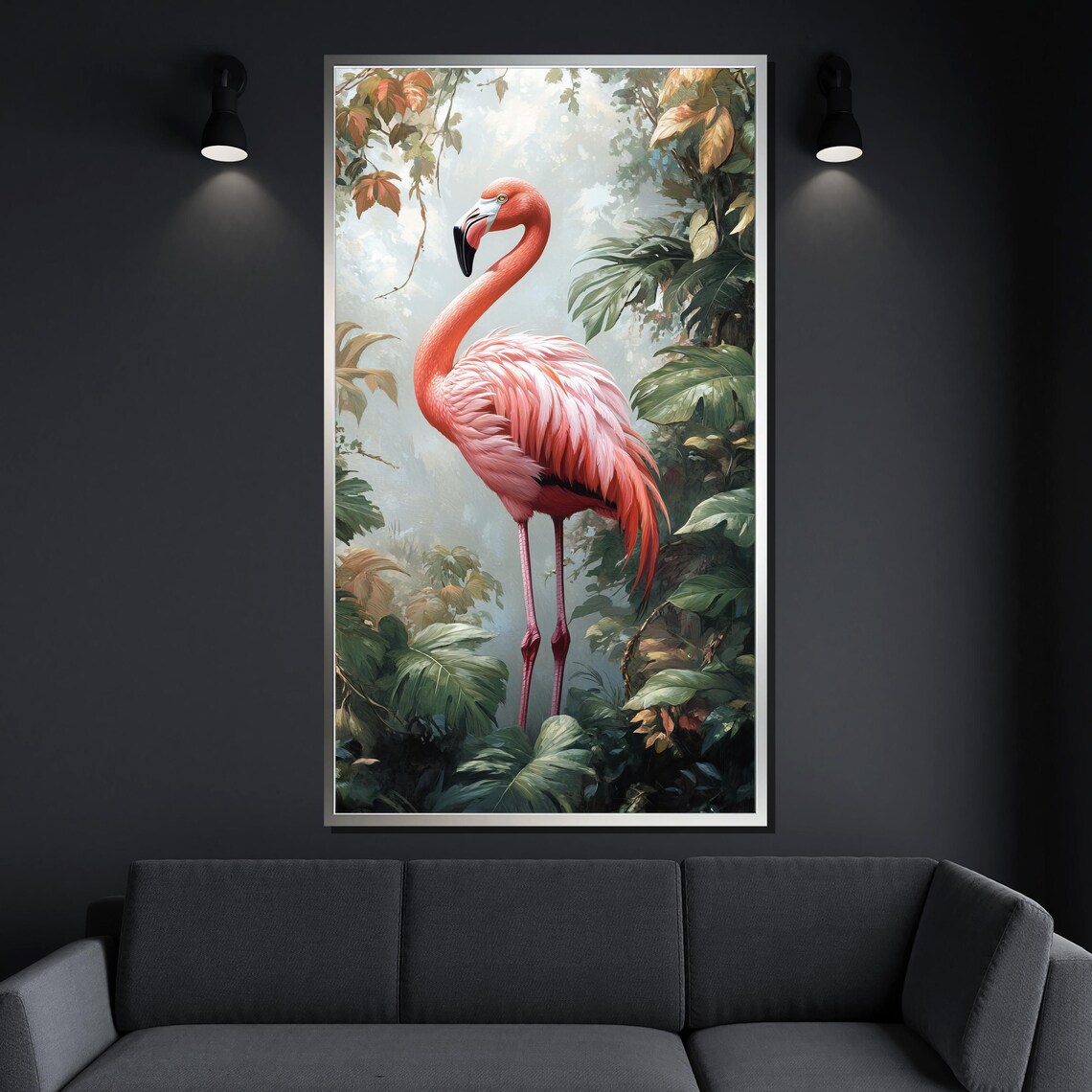Pink Flamingo Standing In Lush Tropical Jungle Painting Wall Poster - Image 4