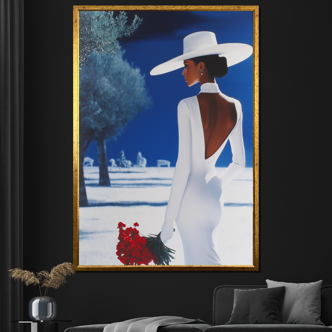 Elegant Woman White Dress Hat Red Roses Blue Background Fashion Poster